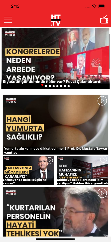 Haberturk TV HD - Haberturk TV HD app interface displaying a news feed with video thumbnails and Turkish headlines.