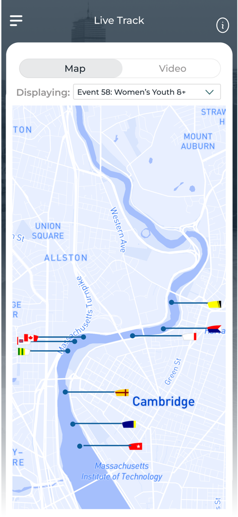 HOCR app live track screen with a map of rowing boats on the Charles River