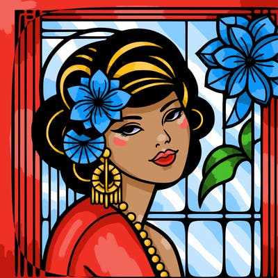 art deco woman hawaiian flower and hair