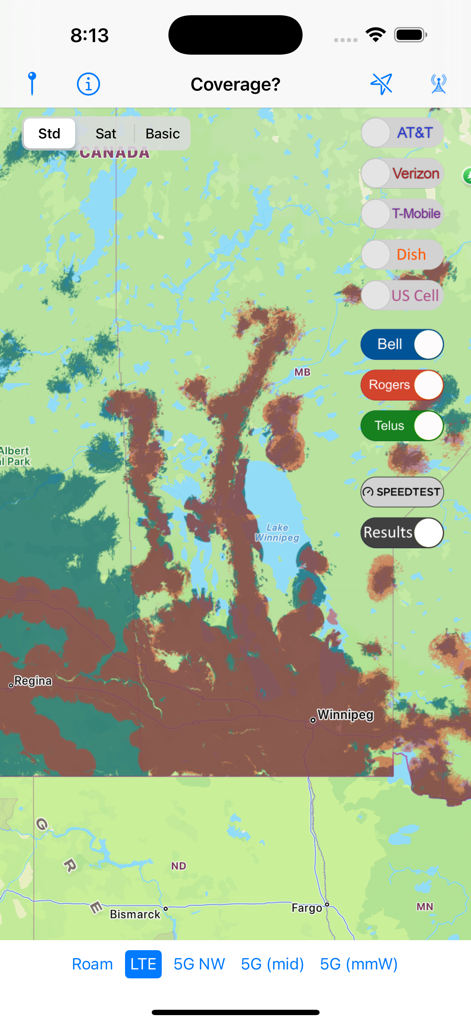 Cellular coverage map overlay for Canadian carriers Bell Rogers and Telus