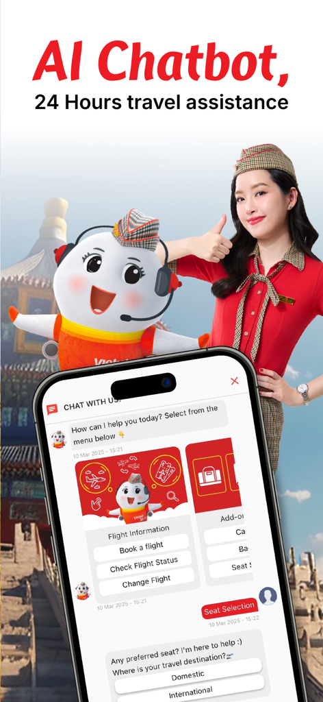 ベトジェットタイモバイルアプリの画面、AIチャットボットAMYが24時間年中無休の旅行サポートを提供
