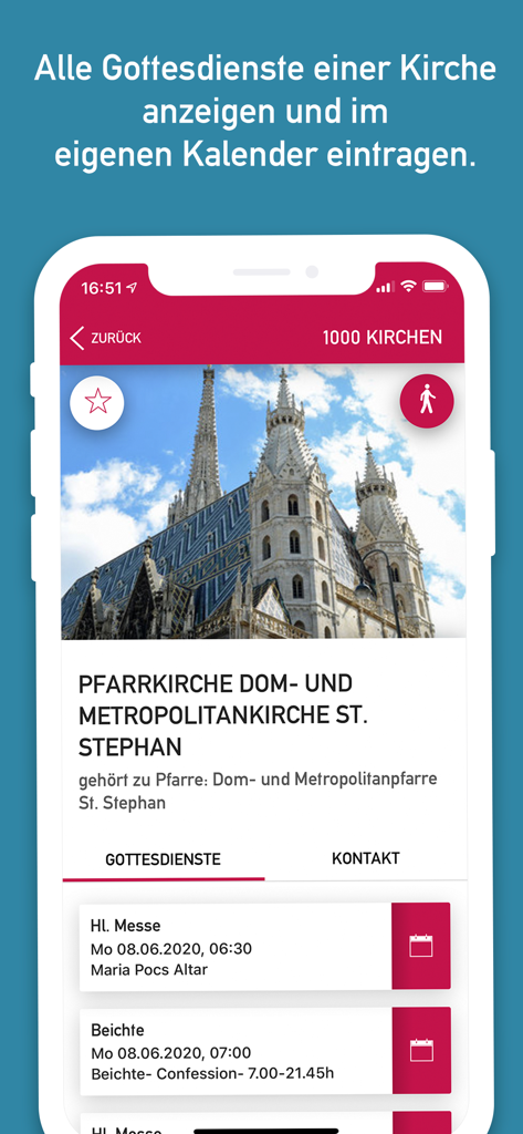 Mobile app view showing mass and confession times for St. Stephens Cathedral in Vienna with options to add to calendar
