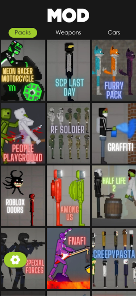 Mods For Playground Ragdoll 3D - A grid view of various mod packs for a ragdoll physics sandbox game featuring popular themes like Among Us and FNAF