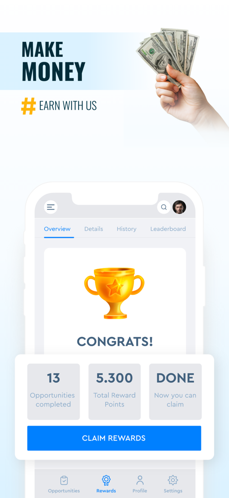 Helix Connect - Helix Connect app interface showing opportunities completed and reward points earned with a claim rewards button
