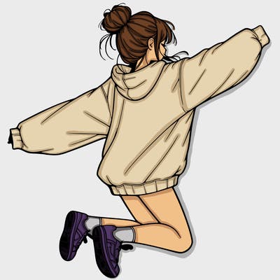 realistic girl jumping with a bun and oversized sweatshirt