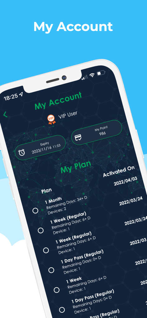 AHAspeed VPN - Fast & Secure - AHAspeed VPN account dashboard showing VIP membership status and a list of available subscription plans like monthly and daily passes