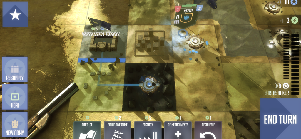 A tactical grid based war campaign map in Noblemen 1896 showing artillery and troop command options