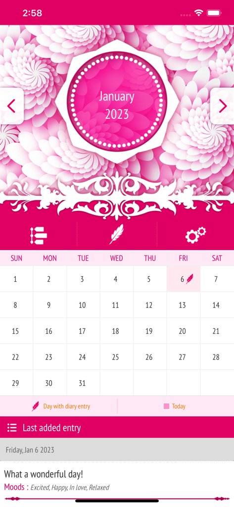 Secret Diary With Passcode - Pink floral calendar interface of the Secret Diary With Passcode app showing January 2023