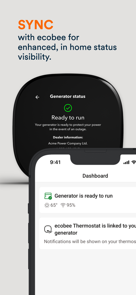 Mobile Link for Generators - Mobile Link app dashboard and ecobee thermostat showing generator ready status