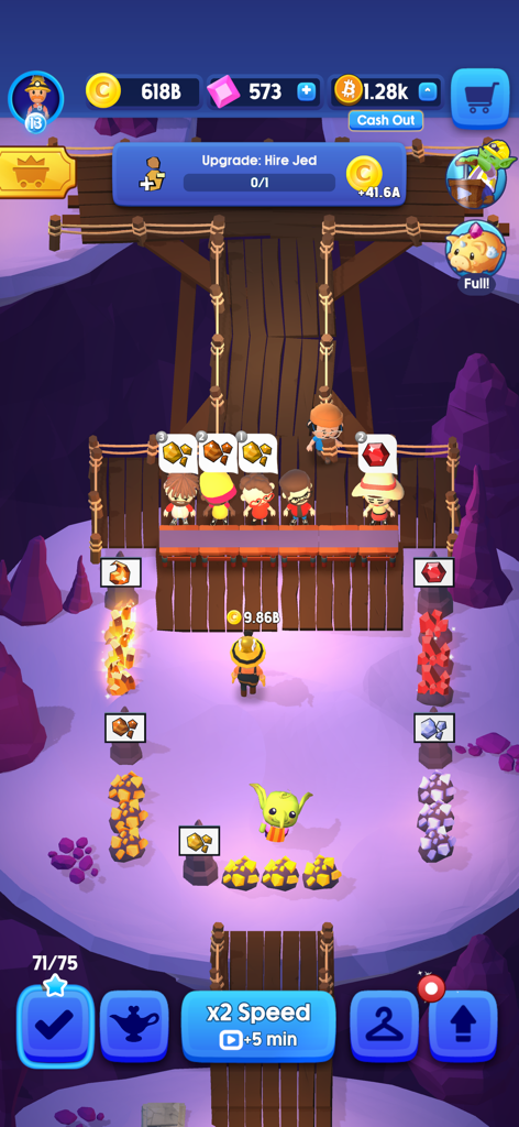 Idle Mine! - Idle Mine game screen showing characters mining resources and bitcoin rewards
