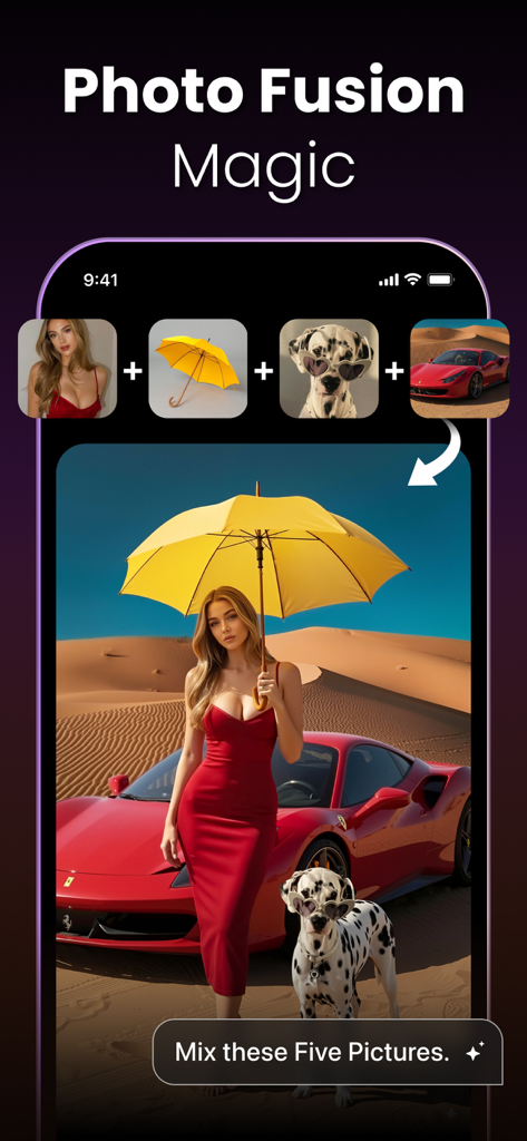 Interfaz de fusión de fotos con IA mostrando una mujer, un perro, un coche y un paraguas combinados en una única escena desértica.