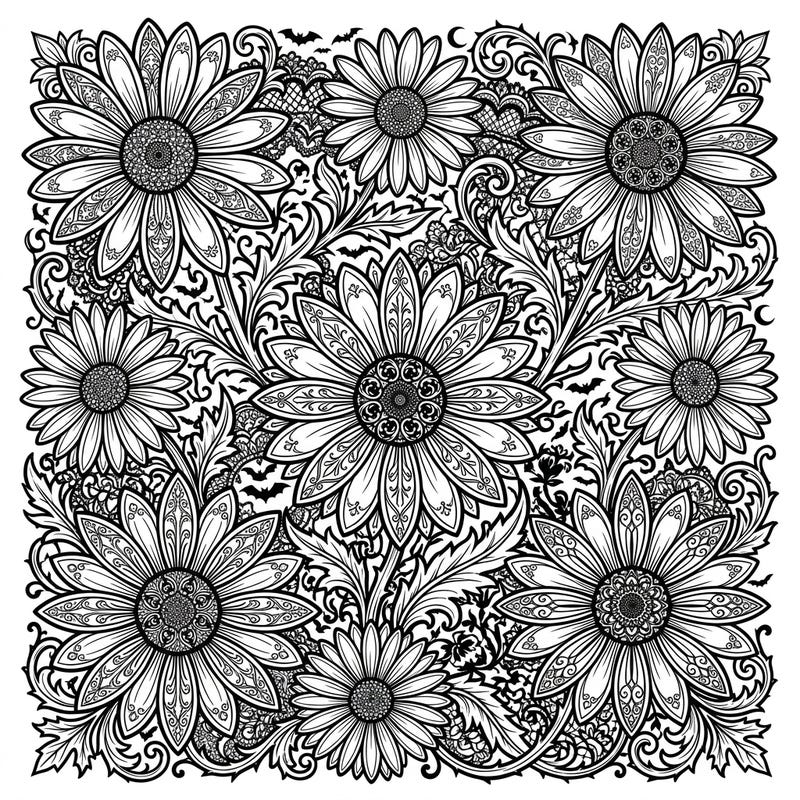 Dive into a world where classic daisies meet dark elegance with this unique Gothic-inspired coloring page. Featuring intricate floral details and mysterious accents, it's a captivating blend for an engaging artistic experience.