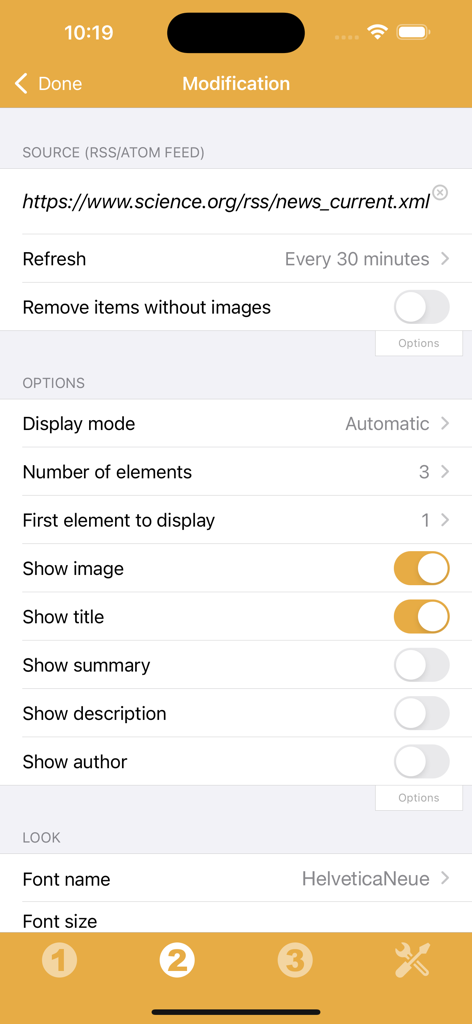 RSS Widget - Pantalla de modificación de RSS Widget que muestra la URL de la fuente y las opciones de personalización de la pantalla