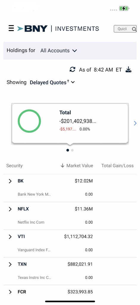 A screenshot of the BNY Mellon Brokerage app showing the portfolio holdings screen with market values for various securities.