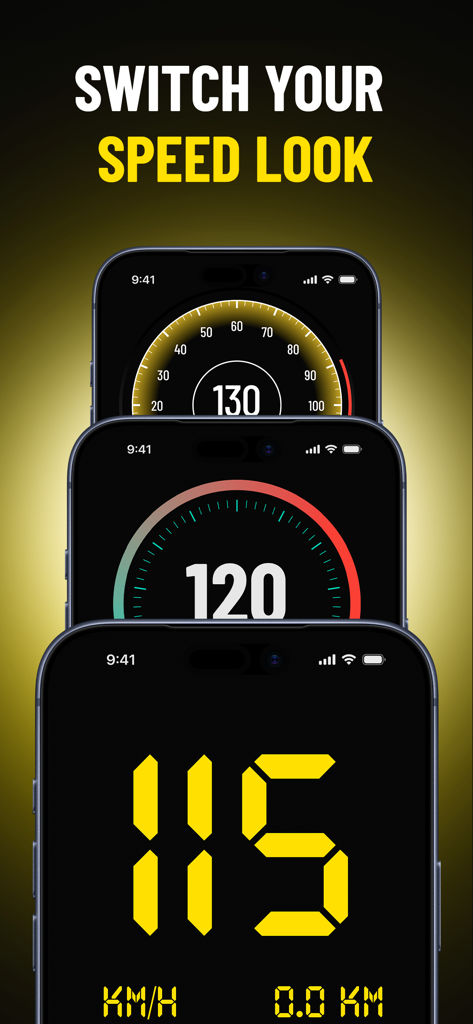 Speedometer: GPS Tracker - Tres pantallas de teléfono inteligente que muestran diferentes temas de interfaz de velocímetro analógico y digital.