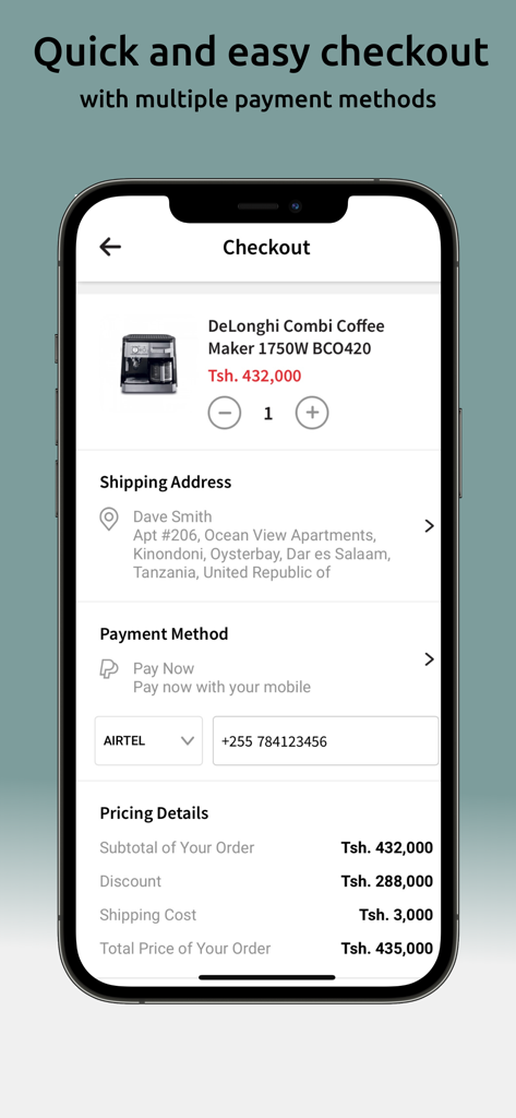 Nida & Danish - Mobile app checkout interface showing a coffee maker in the cart with shipping address and mobile money payment options in Tanzania.