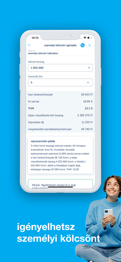 K&H mobilbank - Calculadora de empréstimo pessoal na interface do aplicativo K&H mobilbank mostrando parcelas mensais e taxas de juros.