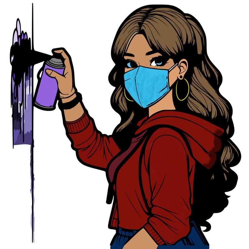 realistic girl with mask spray painting a wall