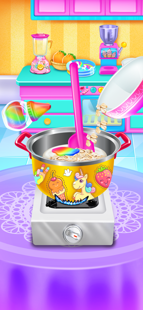 Ice Cream Sandwich Shop - Pouring cereal into a decorated yellow pot on a stove in a colorful kids cooking game.