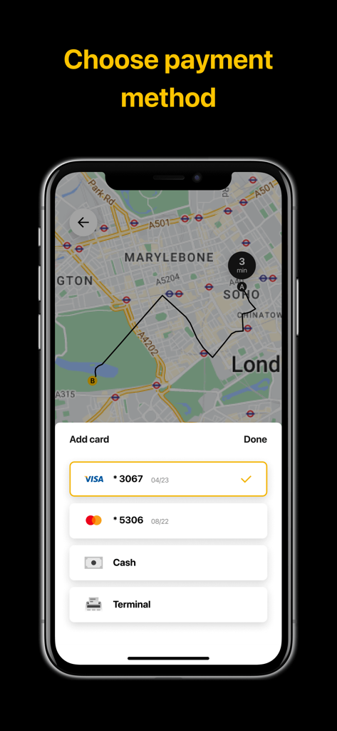 FTAXI - FTAXI Mobile App-Zahlungsauswahlbildschirm zeigt Optionen für Kreditkarte und Bargeld.