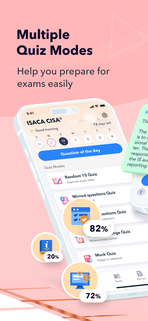 CISA Exam Prep 2026 - CISA Exam Prep 2026 app interface featuring multiple quiz modes and study progress tracking.