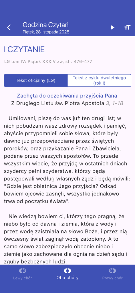 Polish Catholic Breviary app showing the Office of Readings text from the Second Letter of St Peter the Apostle