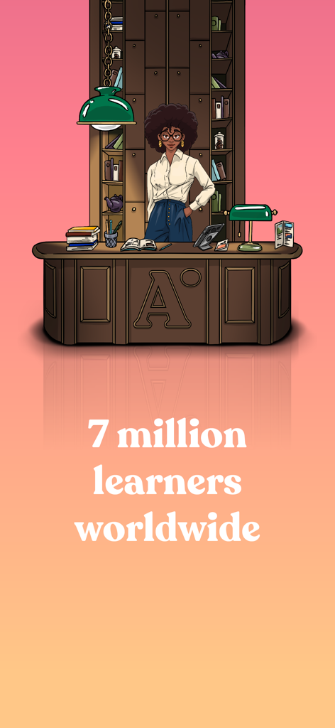 Aimigo Language Coach - Zeichentrick-Illustration eines professionellen Sprachcoaches mit dem Text '7 Millionen Lernende weltweit'