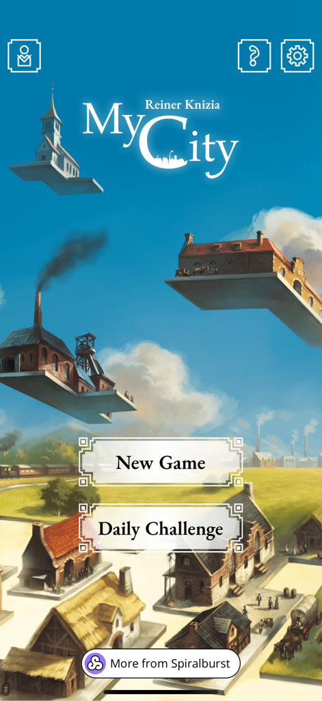 My City by Reiner Knizia - Main menu of the My City by Reiner Knizia mobile game featuring floating buildings and options for New Game and Daily Challenge.