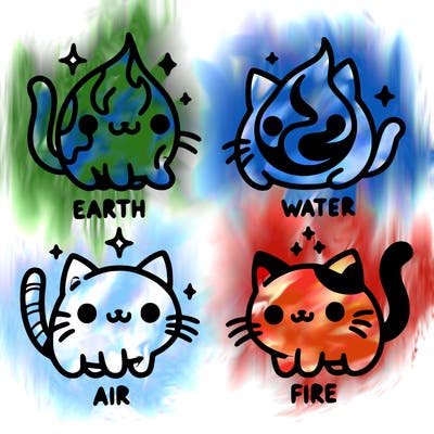 4 cats that represent the different elements, earth, water, air, and fire