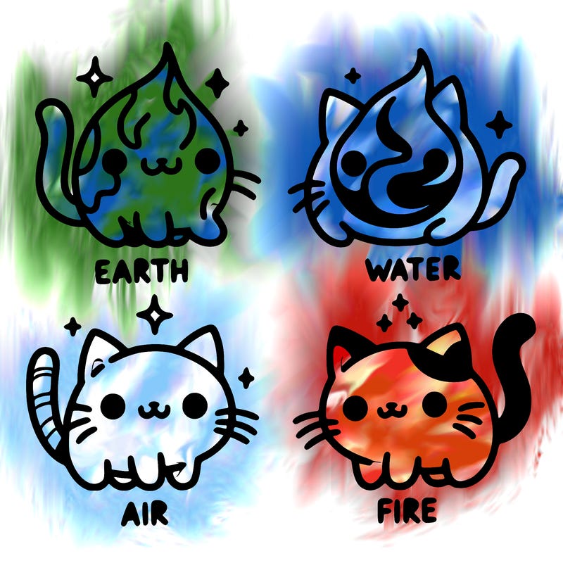4 cats that represent the different elements, earth, water, air, and fire