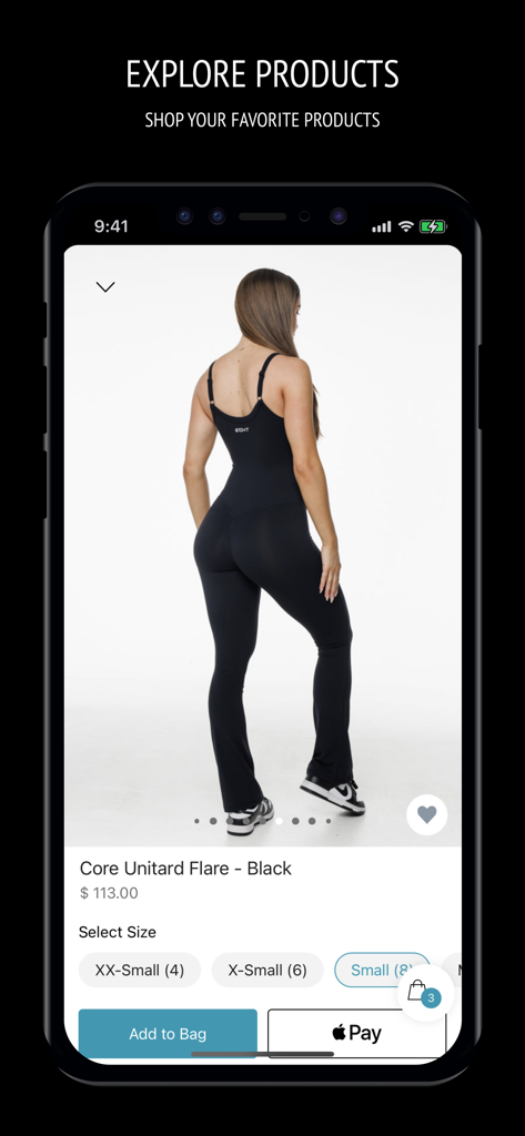 Echt Apparel - Echt Apparel app product screen for a black core unitard flare with size selection and Apple Pay options