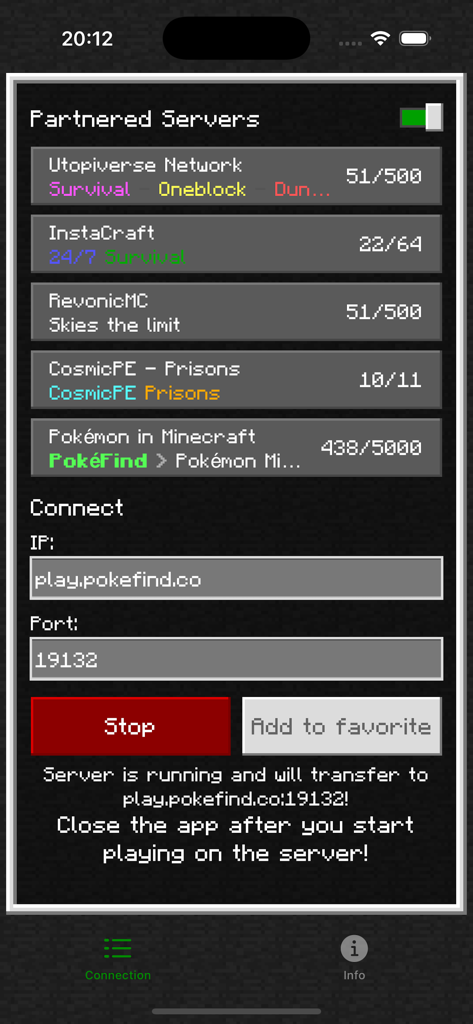 BedrockTogether mobile app interface showing a list of partnered servers and the manual connection screen for entering a server IP and port