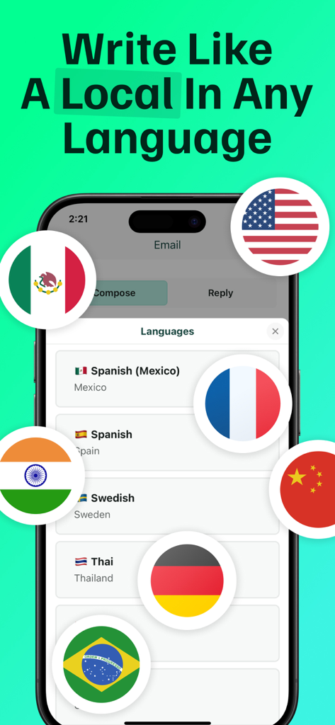 Texting AI Message Generator - A smartphone screen displaying a language selection menu for an AI writing assistant surrounded by various national flag icons