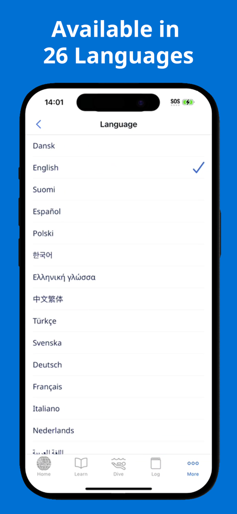 Mobile screen of the PADI app showing the language selection menu with options for 26 different languages including English and Spanish.