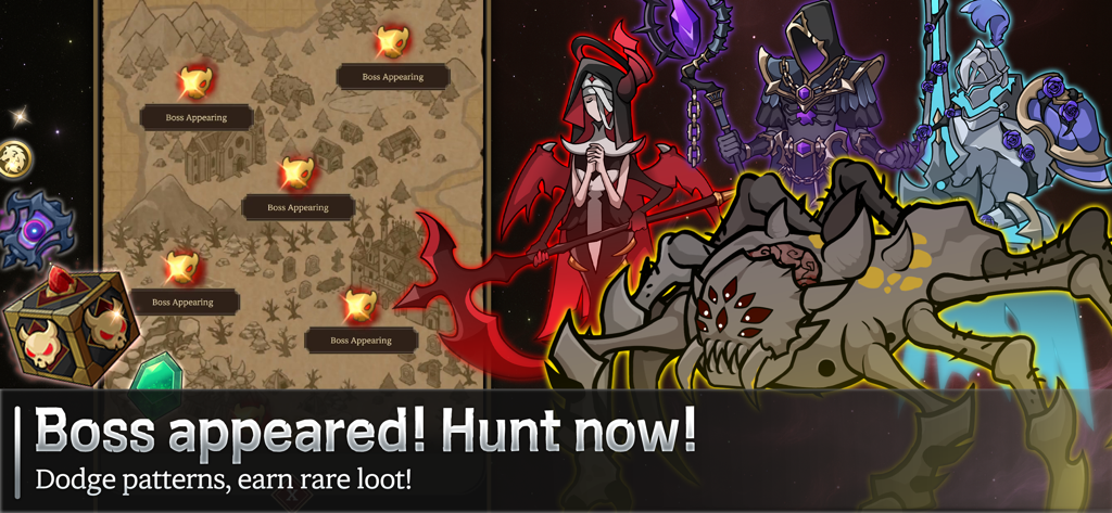 Ash N Veil : Fast Idle Action - Ash N Veil gameplay screenshot showing world map boss encounters and unique RPG character avatars