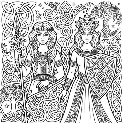 Journey into the ancient world with this stunning coloring page featuring two powerful Celtic goddesses. Designed for teens, it offers an intricate and engaging artistic challenge that brings mythology to life.