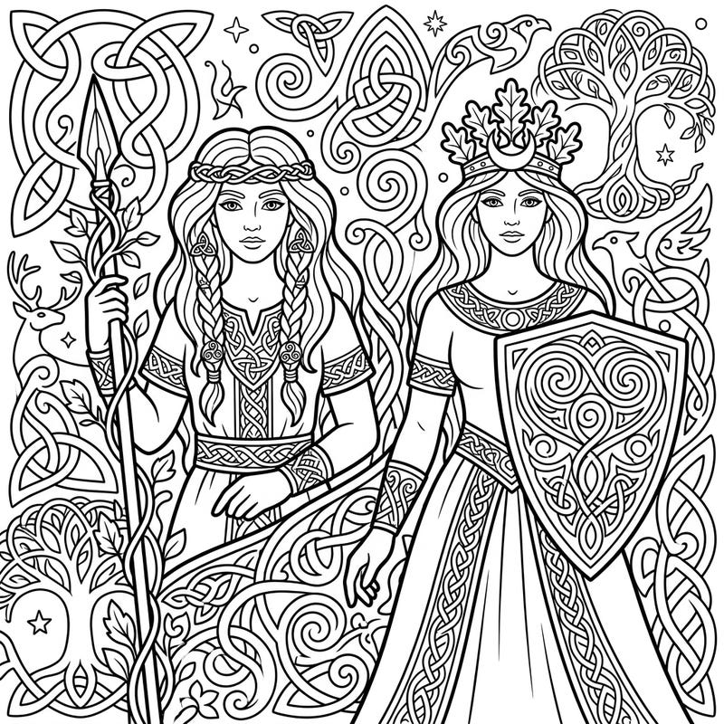 Journey into the ancient world with this stunning coloring page featuring two powerful Celtic goddesses. Designed for teens, it offers an intricate and engaging artistic challenge that brings mythology to life.