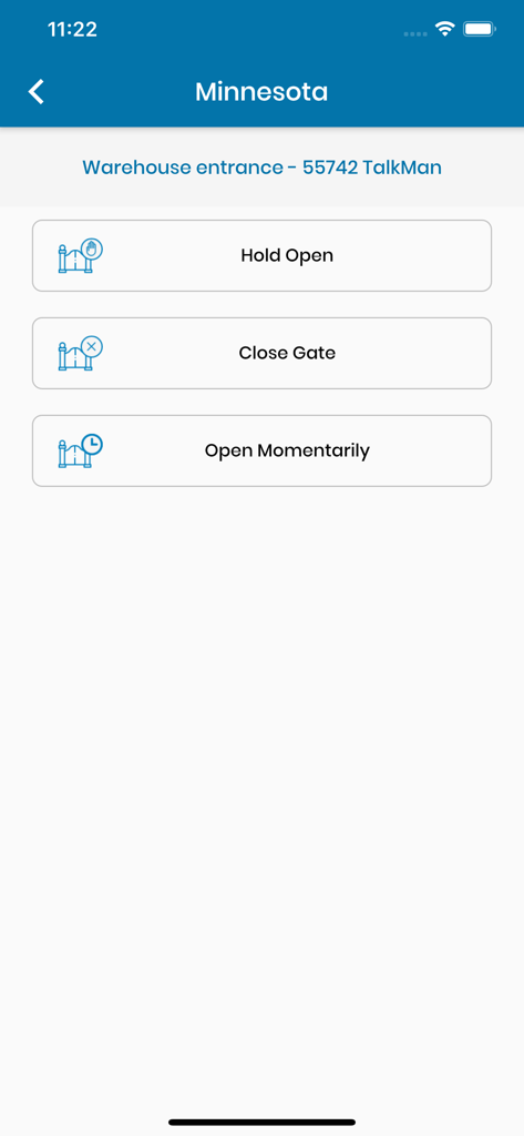 CellGate mobile app interface showing remote gate control options including hold open close gate and open momentarily for a warehouse entrance
