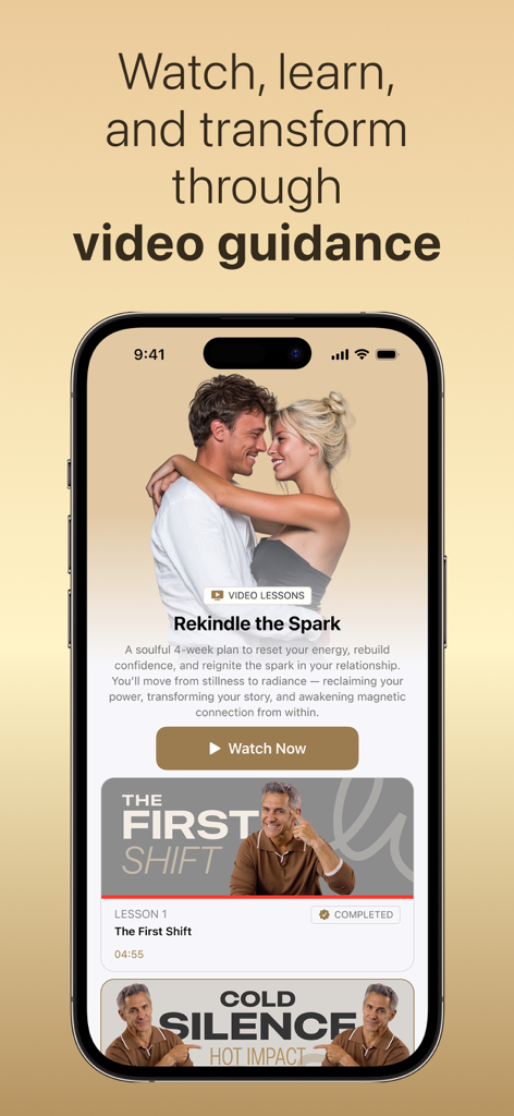 MusesAcademy: Daily Growth - MusesAcademy app screen displaying video lessons for relationship growth and personal transformation