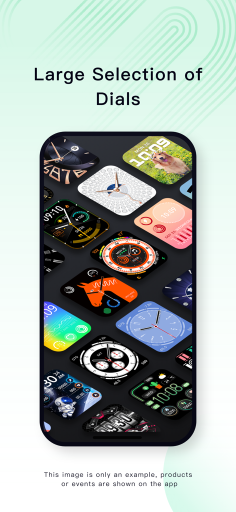 Lefun Health - Ein mobiler Bildschirm, der eine große Auswahl an bunten Smartwatch-Zifferblättern und benutzerdefinierten Zifferblättern zeigt.