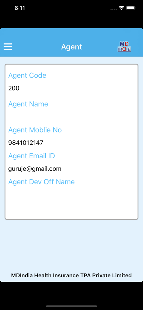 MDIndia – Hawk - MDIndia Hawk mobile app displaying insurance agent contact details