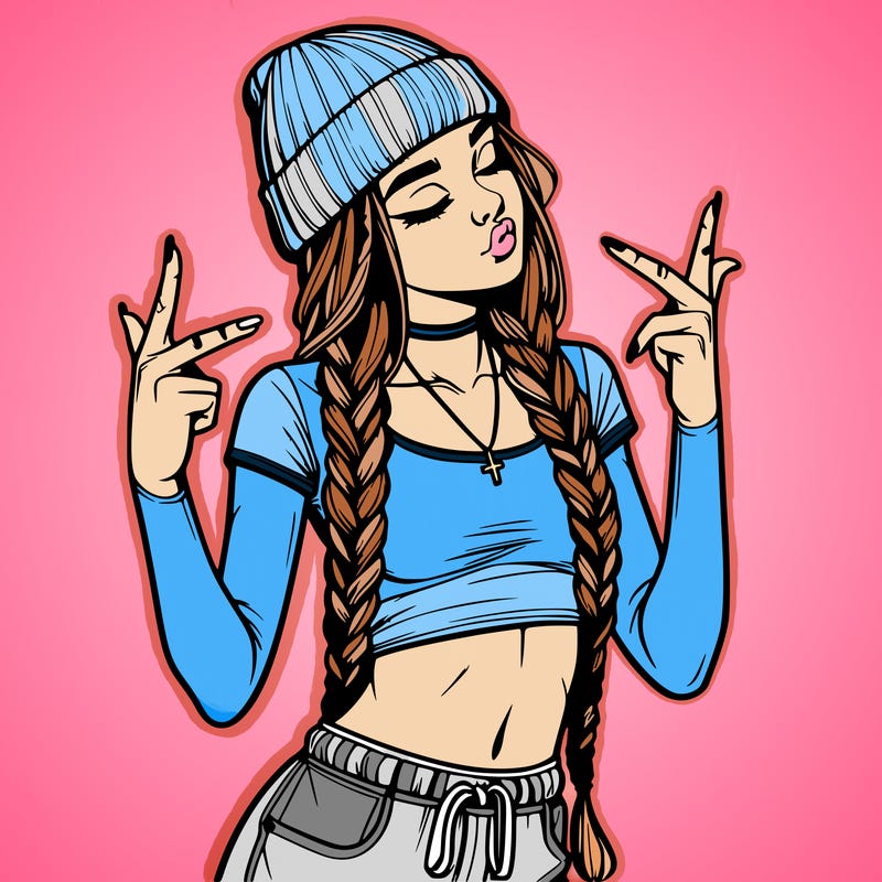 realistic teenage girl with braids and a beanie and crop top doing 🫶🏼
