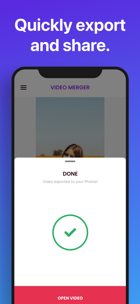 Video Merger app showing a successful video export confirmation screen