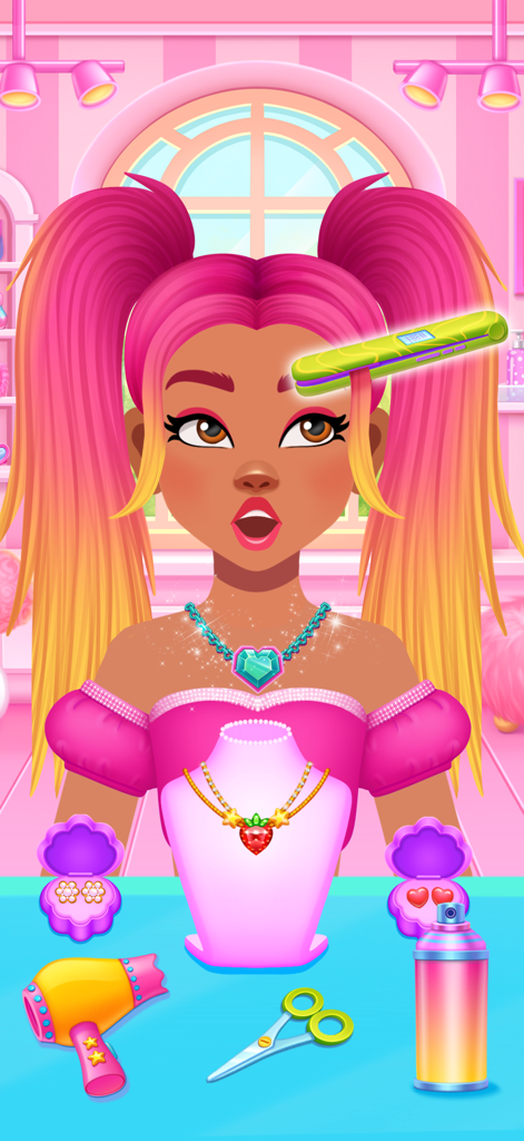 A character with long pink and orange pigtails being styled with a hair straightener and salon tools in a kids game.