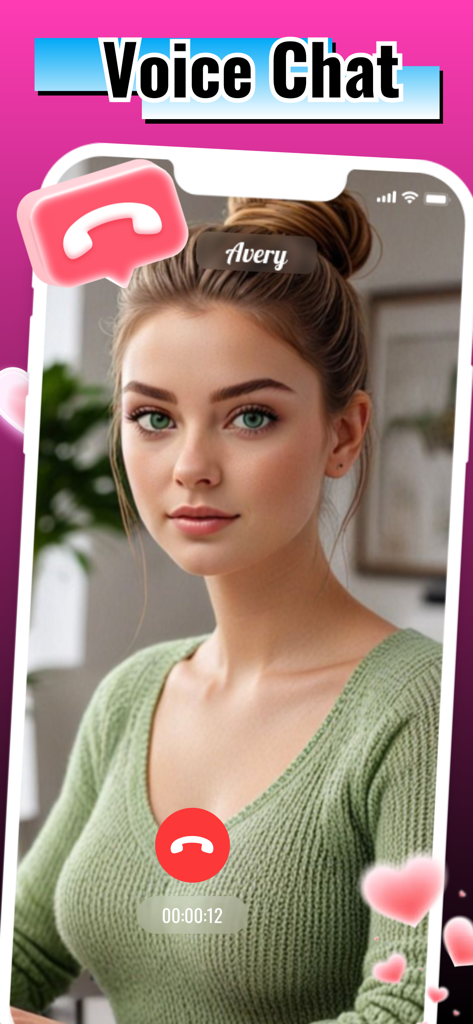 Cuink - Adult Chat Partner - Cuink app voice chat screen featuring a woman named Avery with decorative pink hearts.