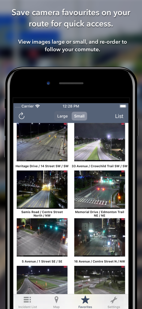 Alberta Roads app showing a grid of live traffic camera feeds for saved favorite routes