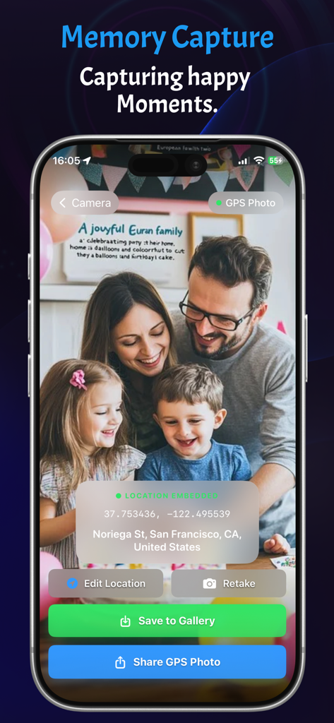 GPS Camera: Live Map & Geotag - A family photo shown on an iPhone screen with an embedded GPS coordinate and address overlay