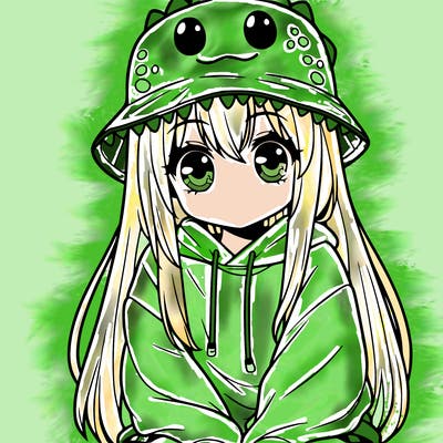 girl with anime shaped eyes with a dinosaur bucket hat oversized sweatshirt long straight hair