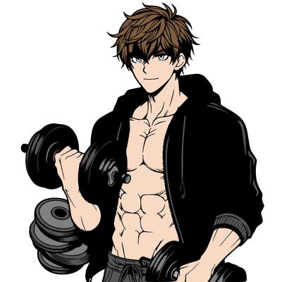 handsome muscular guy with hoodie anime holding dumbbells