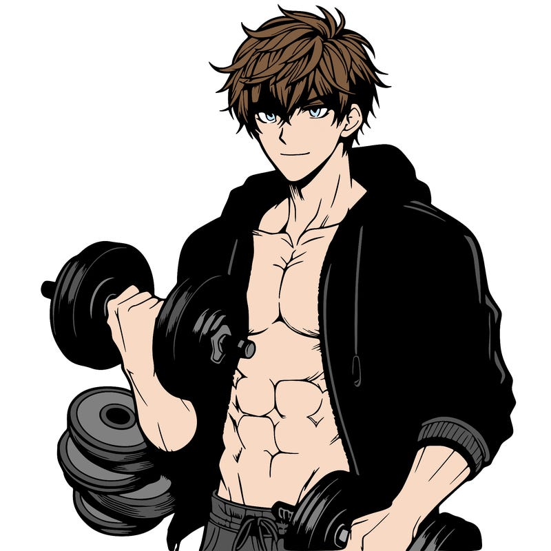 handsome muscular guy with hoodie anime holding dumbbells